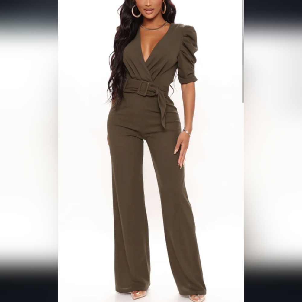 Say it ain't so Fashion Nova Olive Green Puff Sleeve Jumpsuit